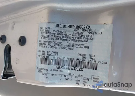 2007 Ford Focus S/Se/Ses z USA, uszkodzony, nr VIN 1FAFP34N87W320337